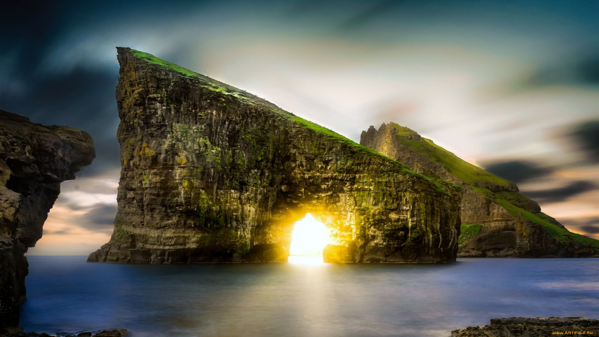 sunset at drangarnir and tindholmur, faroe islands, , , , sunset, at, drangarnir, and, tindholmur, faroe, islands